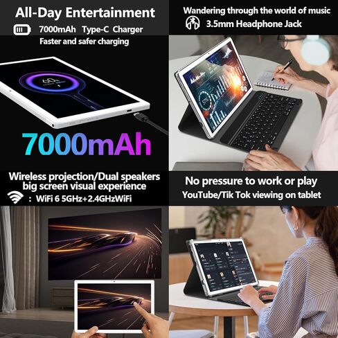 جهاز لوحي Android 14 مقاس 10 بوصة 2025 أحدث جهاز لوحي WiFi 6 مع معالج ثماني النواة وذاكرة الوصول العشوائي (RAM) سعة 8 جيجابايت + مساحة تخزين 64/512 جيجابايت، وكاميرا بدقة 13 ميجابكسل + 8 ميجابكسل/شهادة GMS/بلوتوث 5.0، جهاز لوحي مزود بلوحة مفاتيح/حافظة/ماو in Kuwait