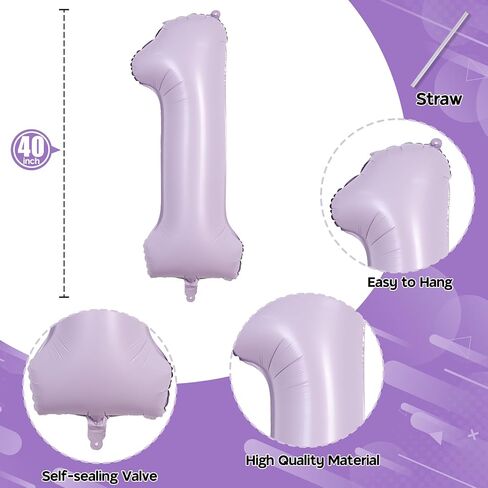 40 Inch Light Purple Number 1 Balloon for 1st Birthday Decoration, Large Pastel Purple Mylar Foil Number Balloons 0-9 for Girls, Lavender One Helium Balloons for Women 1st Anniversary Party Supplies in Saudi Arabia