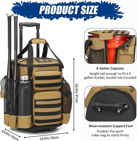 Baseball Bucket Bag with Wheels Baseball Coaching Accessories Organizer Tactical Style Softball Bucket Bag with Multiple Pockets for Bat, Gloves and Other Accessorie in Kuwait