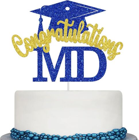 Congratulations MD Cake Topper, Doctor Graduation Decorations, Med School Survivor, Congrats Doctor, Medical School Graduation Party Decorations (Blue and Gold Glitter) in Saudi Arabia