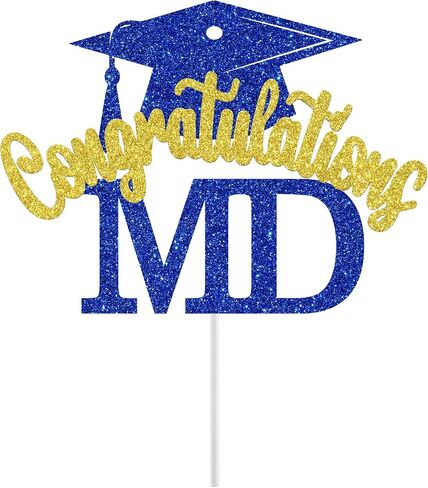 Congratulations MD Cake Topper, Doctor Graduation Decorations, Med School Survivor, Congrats Doctor, Medical School Graduation Party Decorations (Blue and Gold Glitter) in Saudi Arabia