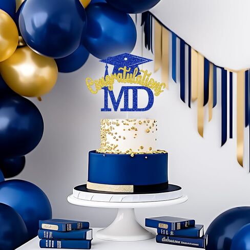 Congratulations MD Cake Topper, Doctor Graduation Decorations, Med School Survivor, Congrats Doctor, Medical School Graduation Party Decorations (Blue and Gold Glitter) in Saudi Arabia