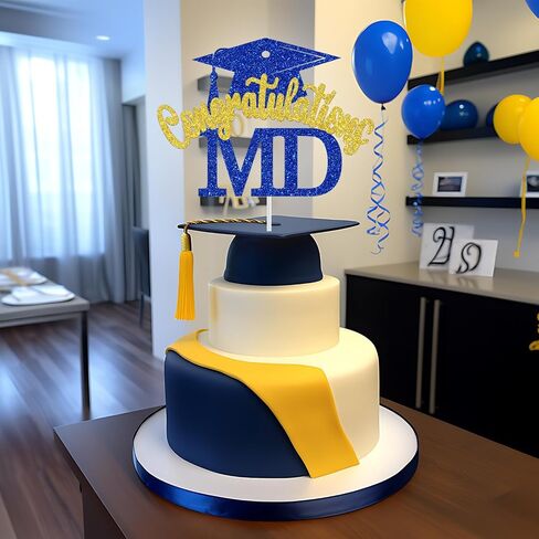 Congratulations MD Cake Topper, Doctor Graduation Decorations, Med School Survivor, Congrats Doctor, Medical School Graduation Party Decorations (Blue and Gold Glitter) in Saudi Arabia