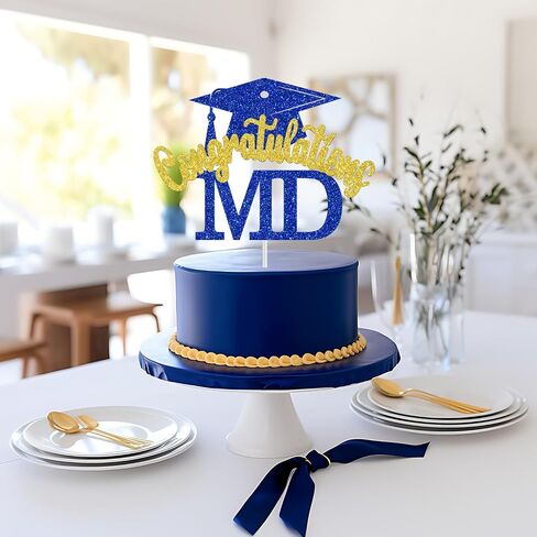 Congratulations MD Cake Topper, Doctor Graduation Decorations, Med School Survivor, Congrats Doctor, Medical School Graduation Party Decorations (Blue and Gold Glitter) in Saudi Arabia