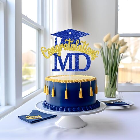 Congratulations MD Cake Topper, Doctor Graduation Decorations, Med School Survivor, Congrats Doctor, Medical School Graduation Party Decorations (Blue and Gold Glitter) in Saudi Arabia