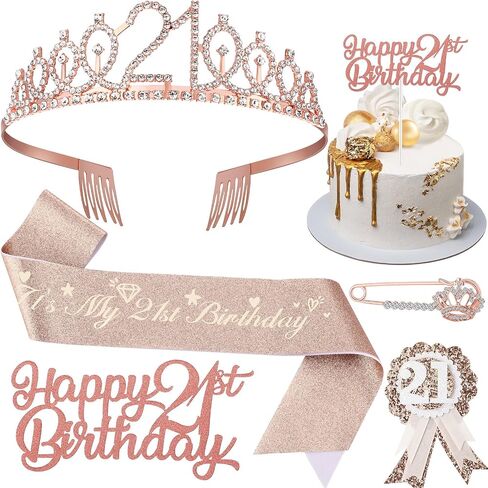 21st Birthday Decorations for Her, Including 21st Birthday Sash, Corsage, Rhinestone Tiara Crown, Badge Pin, Happy Birthday Cake Toppers 21st Birthday Gifts for Her(Rose Gold) in Kuwait