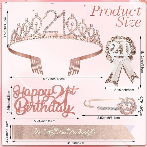 21st Birthday Decorations for Her, Including 21st Birthday Sash, Corsage, Rhinestone Tiara Crown, Badge Pin, Happy Birthday Cake Toppers 21st Birthday Gifts for Her(Rose Gold) in Kuwait