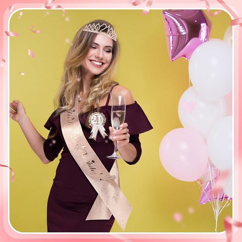 21st Birthday Decorations for Her, Including 21st Birthday Sash, Corsage, Rhinestone Tiara Crown, Badge Pin, Happy Birthday Cake Toppers 21st Birthday Gifts for Her(Rose Gold) in Kuwait