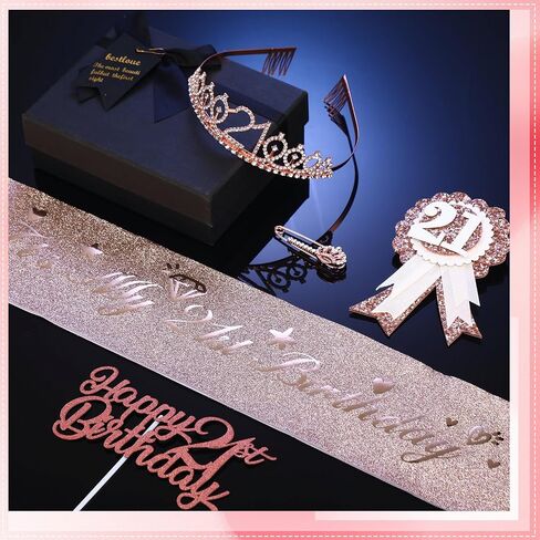 21st Birthday Decorations for Her, Including 21st Birthday Sash, Corsage, Rhinestone Tiara Crown, Badge Pin, Happy Birthday Cake Toppers 21st Birthday Gifts for Her(Rose Gold) in Kuwait