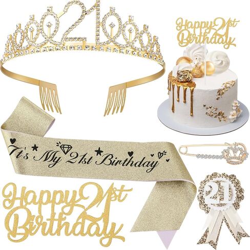 21st Birthday Decorations for Her, Including 21st Birthday Sash, Corsage, Rhinestone Tiara Crown, Badge Pin, Happy Birthday Cake Toppers 21st Birthday Gifts for Her(Rose Gold) in Kuwait