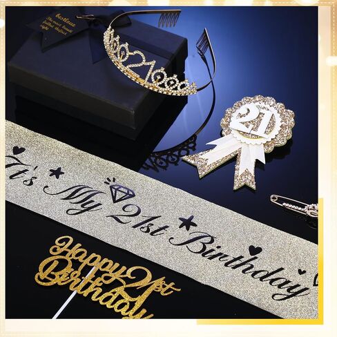 21st Birthday Decorations for Her, Including 21st Birthday Sash, Corsage, Rhinestone Tiara Crown, Badge Pin, Happy Birthday Cake Toppers 21st Birthday Gifts for Her(Rose Gold) in Kuwait