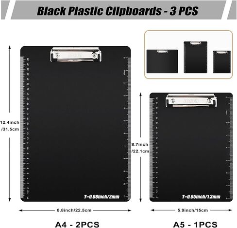 Lchen Plastic Clipboard, Clip Board with Low Profile Clip, Hanging Clipboard, Plastic Clip Board, A4 Letter Size Clipboard (Black, 2A4(H+V)+A5) in Kuwait