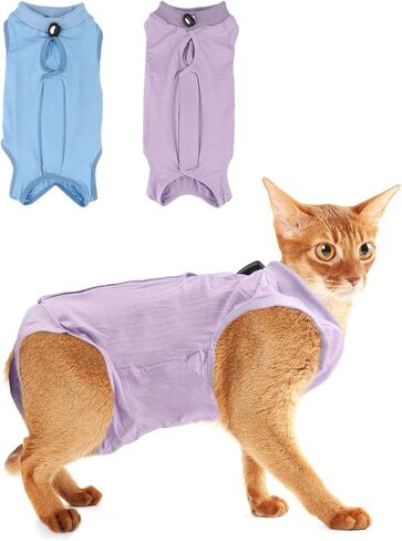 2PCS Cat Recovery Suit - Breathable Cat Surgical Recovery Suit, Onesie for Cats After Surgery Recovery, Alternative Cone of Shame Abdominal Wound Skin Wear Protection (Light Blue+Light Purple, M) in Kuwait