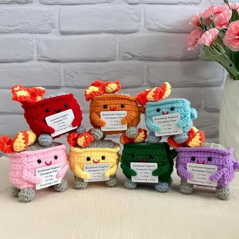 Emotional Crochet Dumpster Fire,Handmade Doll, Toy Knitting Toy Ornaments with Positive Card, Plush for Emotional Support Dumpster Fire Desk Accessories Birthday Gifts (A Set of Seven Colors) (7pcs-A) in Saudi Arabia