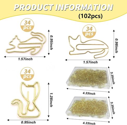 Hesena 102 Pcs Gold Cat Metal Paper Clips, Cute Animals Originality PaperClips, Fun Office and School Supplies for Organizing Documents (Gold -Cat) in Kuwait