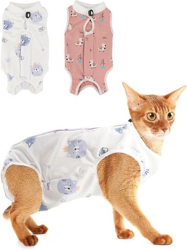 2PCS Cat Recovery Suit - Breathable Cat Surgical Recovery Suit, Onesie for Cats After Surgery Recovery, Alternative Cone of Shame Abdominal Wound Skin Wear Protection (Light Blue+Light Purple, M) in Kuwait