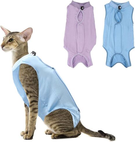 2PCS Cat Recovery Suit - Breathable Cat Surgical Recovery Suit, Onesie for Cats After Surgery Recovery, Alternative Cone of Shame Abdominal Wound Skin Wear Protection (Light Blue+Light Purple, M) in Kuwait