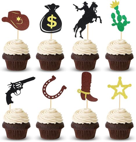 24Pcs Cowboy Cupcake Toppers HorseShoe Cowboy Hats Boots Cupcake Picks Star Gun Cactus Cupcake Picks Western Theme Baby Shower Birthday Party Cake Decorations Supplies in Kuwait