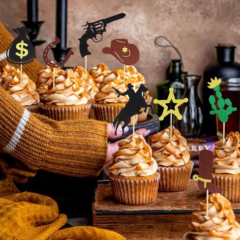 24Pcs Cowboy Cupcake Toppers HorseShoe Cowboy Hats Boots Cupcake Picks Star Gun Cactus Cupcake Picks Western Theme Baby Shower Birthday Party Cake Decorations Supplies in Kuwait