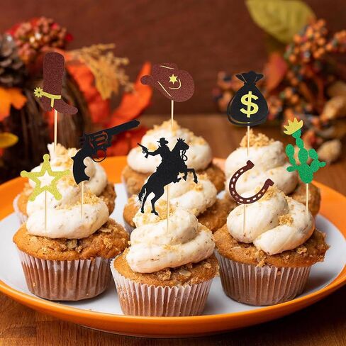 24Pcs Cowboy Cupcake Toppers HorseShoe Cowboy Hats Boots Cupcake Picks Star Gun Cactus Cupcake Picks Western Theme Baby Shower Birthday Party Cake Decorations Supplies in Kuwait