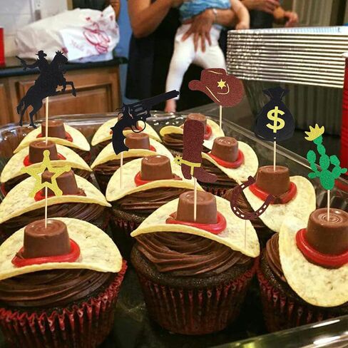 24Pcs Cowboy Cupcake Toppers HorseShoe Cowboy Hats Boots Cupcake Picks Star Gun Cactus Cupcake Picks Western Theme Baby Shower Birthday Party Cake Decorations Supplies in Kuwait