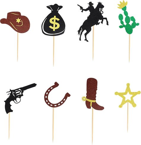 24Pcs Cowboy Cupcake Toppers HorseShoe Cowboy Hats Boots Cupcake Picks Star Gun Cactus Cupcake Picks Western Theme Baby Shower Birthday Party Cake Decorations Supplies in Kuwait