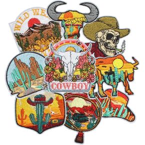 9PCS Cowboy Western Iron on Patches, Cool Cow Landscape Sunset Embroidered Repair Patches for Clothes, Custom Vintage Applique for Hats, Jeans, Jackets, Bags, Backpacks, Dress, Shoes