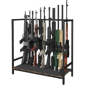 Gun Rack, Floor Standing Rifle Stand with Pistol Shelves, Vertical Shotgun Storage Holder Display Racks Indoor with Padding for Home or Garage, Hold up to 11 Long Guns and 8 Handguns, Black