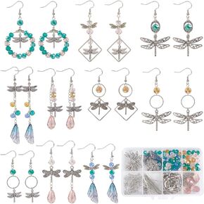 SUNNYCLUE 1 Box DIY 10 Pairs Earring Making Kits Dragonfly Wing Charms Spring Insect Charm Dragonfly Charms Colorful Round Rondelle Teardrop Glass Spacer Beads for Jewelry Making Kits Adults Supplies