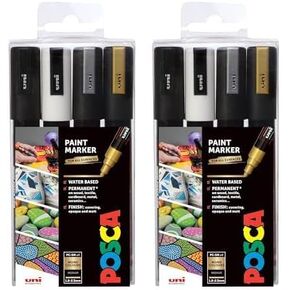 مجموعة علامات posca ، 4 علامات الطلاء المتوسطة 5 أمتار - أحادية النغمات - أسود ، أبيض ، ذهبي ، فضية (حزمة 2)