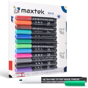 علامات محو Maxtek الجافة مع محايات السبورة البيضاء ، 0.7 ملم ، علامات لوح أبيض فائقة الطرف مع محو المسح الجاف للوحات التقويم ، 12 عدد ألوان متنوعة علامات السبورة