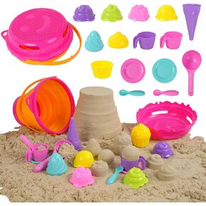 Collapsible Sand Toys Set for Toddlers, 13 Piece Beach & Sandbox Toys with Silicone Foldable Bucket, Plastic Sand Sifters, Ice Cream Molds for Creative Beach Fun