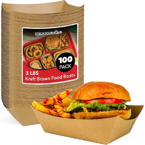 Stock Your Home [250 Pack] Extra Large Disposable Brown Kraft Paper Food Trays, 3-Lb Concession Tray, Serving Boats for Party Snacks, Taco Bar, Seafood, Nachos Plates