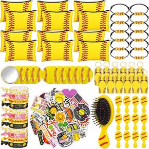 Elcoho 122 Pieces Softball Party Favors Set Softball Gifts for Girls Includes 12 Sets Makeup Bags, Combs, Mirrors, Headbands, Bracelets, Keychains and Stickers for Team Players Lover, Serve 12 Girls