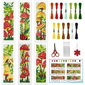 infunly 6pcs Mushroom DIY Cross Stitch Borkmark Kits 2.4''x7.9 '' Plants مختومة مجموعة الإشارة الإشارة الإشارة إلى الإرشاد مع تعليمات مرجعية للتطريز الأحمر مع النباتات المطبوعة مسبقًا لمحبي الكتب