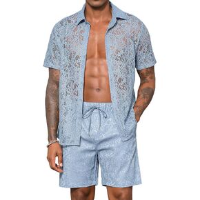 LecGee Men Summer Casual Short Sets Lace Short Sleeve Button Down Shirt Elastic Waist Shorts 2 Piece Outfits Tracksuit