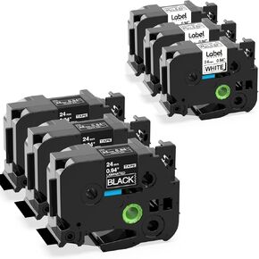 3 حزمة أسود + 3 حزمة أبيض 24 ملم شريط التسمية استبدال Brother P-Touch Tze-251 Tze-355 Tape ، 1 بوصة 0.94 "رقما قياسي ل PTD600 PTP710BT PTP750W ، 6 حزمة