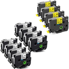 متوافق مع Labourife مع استبدال شريط الملصق لـ Brother P Touch 18mm Label Tape Tze-641 Black على الأصفر واستبدل شريط الملصقات 24 مم Tze-251 ، أسود على اللون الأبيض (إجمالي 12 عبوة)