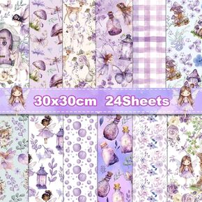 24 Sheets Purple Fairy Pattern Pad 11.8'' x 11.8'' Purple Fairy Scrapbook Paper Pad Mushroom Houses Purples Patterned Double-Sided Cardstock Paper Pack Fairyland Scrapbooking Background Card Making
