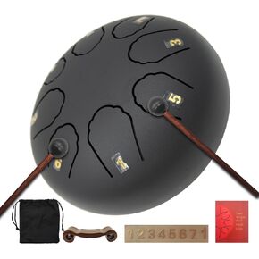Handpan Drum, 22-Inch 9-Notes 440Hz D Minor Kurd Steel Handpan Drum, Hand Pan Drum Instrument with Soft Handpan Bag, 2 Handpan Mallets, Handpan Stand and Dust-Free Cloth (Black)