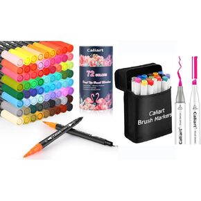 Caliart 72 Double Tip Brush Pens Art Markers, 18 Colors Brush & Chisel Double Tip Alcohol Art Markers, Drawing Pens Permanent Markers Mothers Day Gift for Mom Kids Art