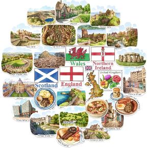 Navy Peony Countryside United Kingdom Travel Stickers (28pcs)-Hand Illustrated, England Wales UK Heritage-Themed Decals for Journals, Scrapbooks, Luggage