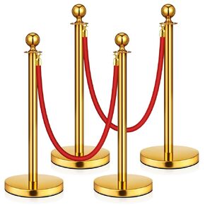 8 Pack Upgraded Stainless Steel Stanchions and Velvet Ropes 5FT Extended Red Carpet Ropes Poles Crowd Control Safety Barriers Set with Stable Base for Theaters Parties Wedding Exhibition (Gold)