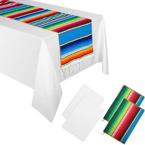 Tudomro 4 PCS Mexican Fiesta Tableroth 54 × 108 '' مع عدائين الجدول 13.5 × 108 غطاء مقرّب من القطن القطنية المقسم لـ Cinco de Mayo Fiesta (أسود)