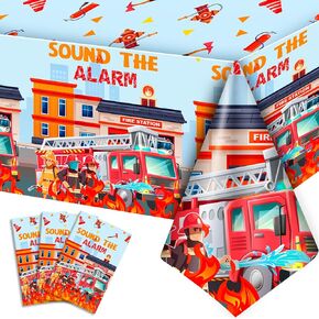 Fire Truck Birthday Tableroth 3pcs ، 53.9 × 107 في حفل إطفاء الحفلات المائدة الملقثة ، مائدة أعياد عيد ميلاد النار ، غطاء طاولة الحفلات لإطفاء الإطفاء لزخارف عيد ميلاد الإطفاء