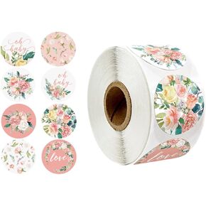 500 Pcs Floral Love Stickers Roll Flowers Paper Labels Floral Round Baking Stickers for DIY Craft Card Festival Decoration Party Gift