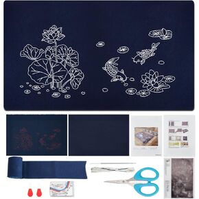 FREEBLOSS Sashiko Tea Mat Kit Large Sewing Coaster Kit Sashiko Starter Kit with Instructions Sashiko Supplies Lotus Pod Pattern Japanese Needlework Kit for Beginners Housewarming Gift