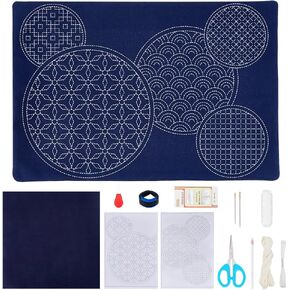 FREEBLOSS DIY Sashiko Kit Sashiko Placemat Kit for Beginners Water Soluble Embroidery Patterns Sashiko Supplies with Thread and Needles Hand Sewing Embroidery Kit for Adults Gift