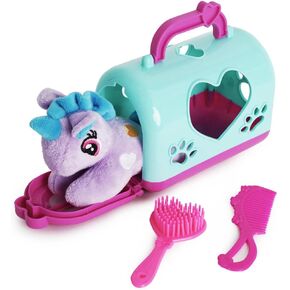 مجموعة لعبة Boley Unicorn Plushie - 4 PC Plush Toy Kit مع حيوان أرجواني محشو بالحيوانات ، قفص أزرق فاتح محمول ، فرشاة وردية ومشط - لعبة ناعمة محبوب للأطفال ، تتراوح أعمارهم بين 3+