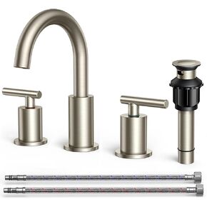 FORIOUS Matte Black Bathroom Faucet 3 Hole, 8 Inch Widespread Bathroom Faucet Black with Metal Pop-up Drain and Supply Line, 2 Handle Black Sink Faucet Bathroom, 8" Black Faucet Bathroom Vanity Faucet